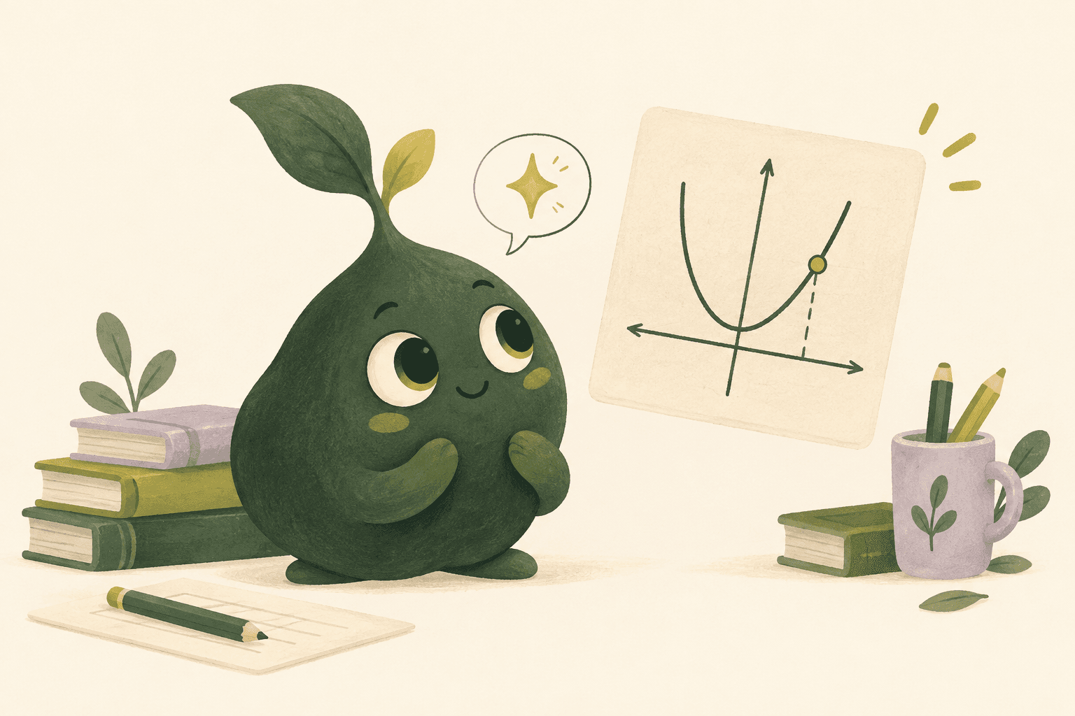 Mica, a small forest-green study companion, looks at a highlighted point on a graph.